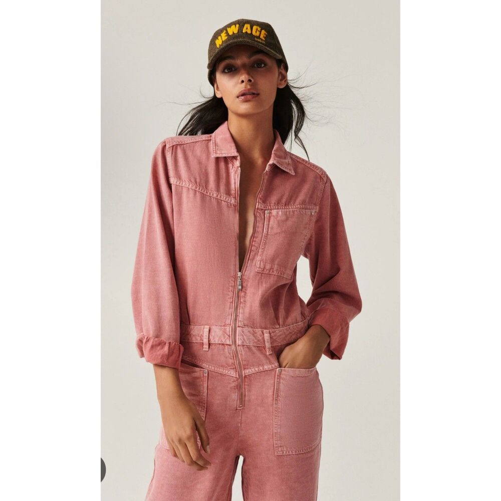 ba&sh Dova Denim Jumpsuit Washed Rose Pink Front Zipper Patch Pocket Women US 8 - Picture 2 of 16